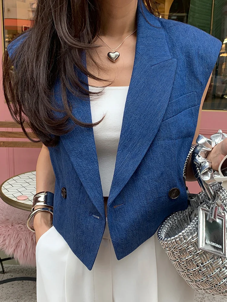 

Fashion Short Denim Blazer Summer Short Sleeve Women Summer New Nocthed Collar Double-Breasted Black Blue Jacket Coat Waistcoat