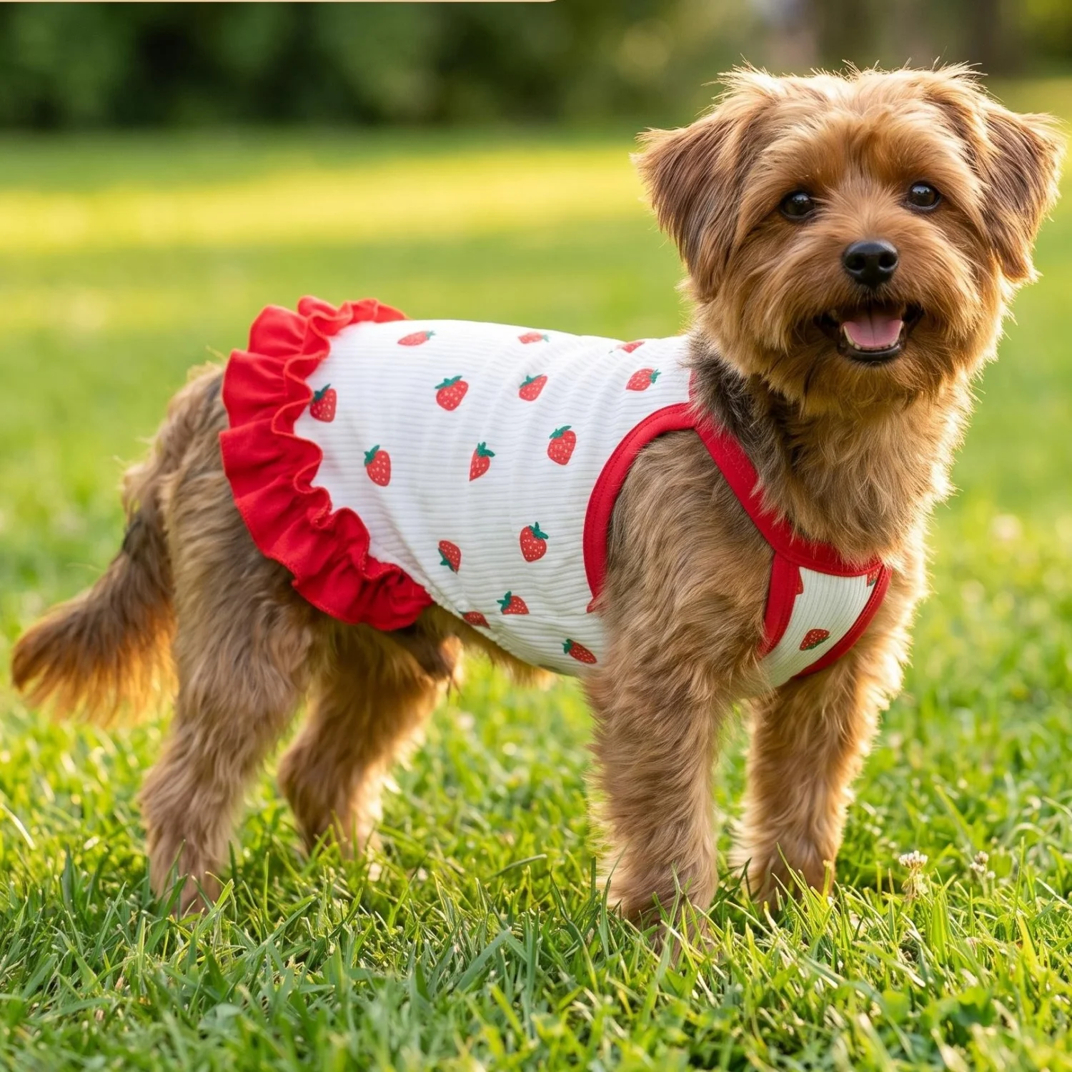 Cute Strawberry Print Pet Vest Summer Breathable Dog Suspender Sling with Red Ruffle Hem Soft Elastic Small Dog Cat Clothes view 4