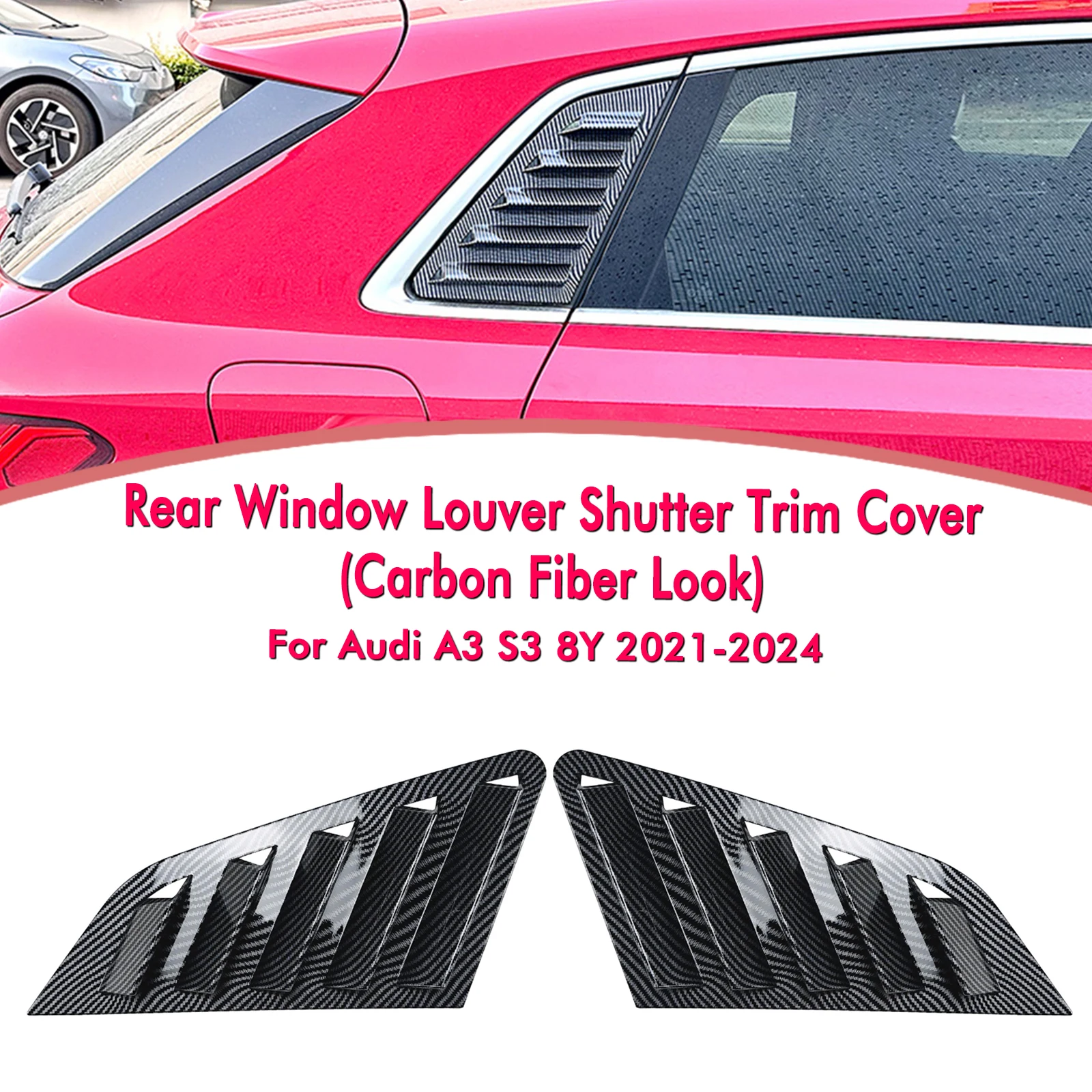 

Rear Side Window Louver Shutter Trim For Audi A3 S3 8Y 2021-2024 Car Carbon Fiber Look/Gloss Black Windshield Shades Blind Cover