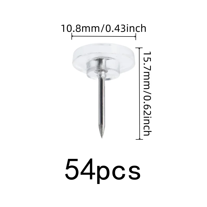 54 pcs Clear Flat Thumb Tacks, Office Bulletin Board, Easy Push Sharp Pin, Transparent Flat Head, Multipurpose