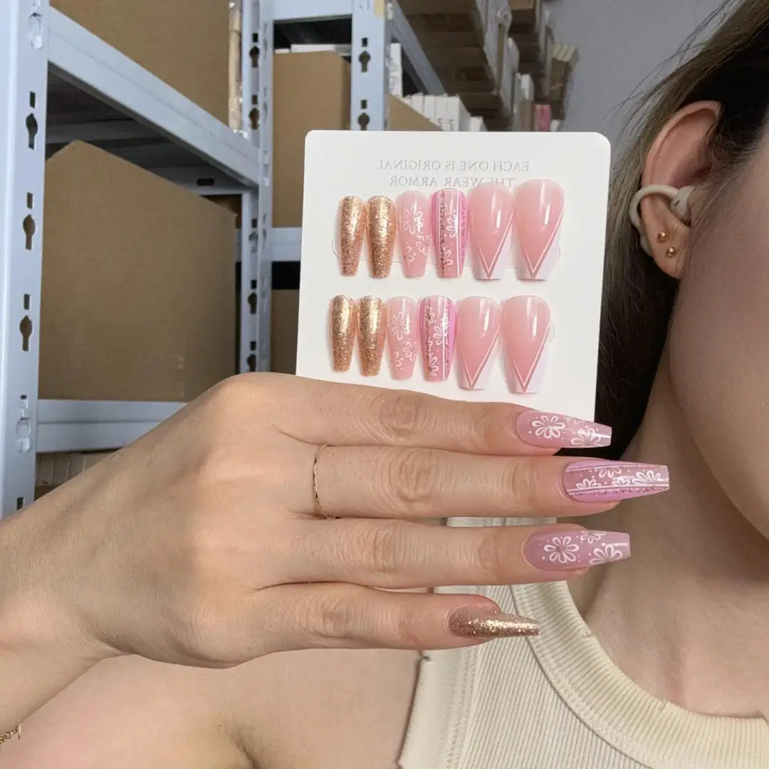 24pcs/box Medium-long French Press on Nails Art Removable Easy-to-Apply White-edged False Nail Set Acrylic Fake Nailart Gradient