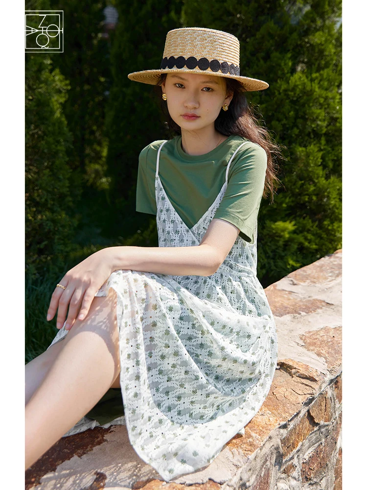 

ZIQIAO Retro Floral Suspender Skirts Two-piece Set Women 2022 Summer Loose High Waist Slim Round Neck Female Tea Break Skirts