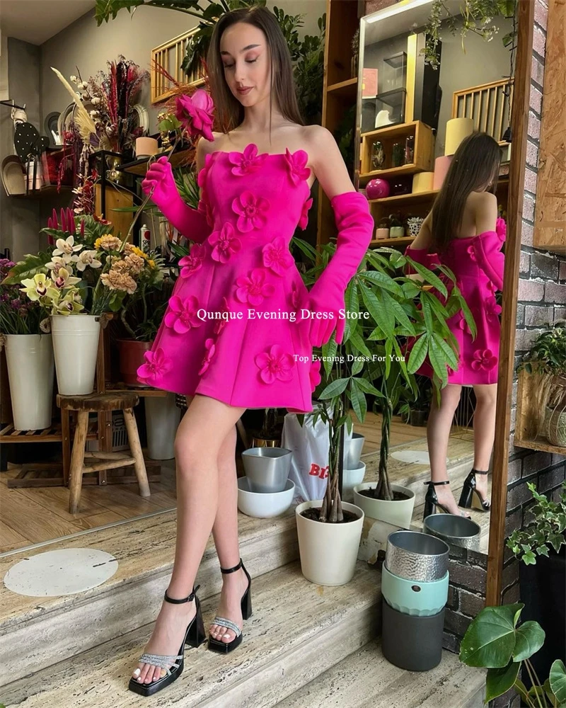 Qunque Mini Fuchsia Cocktail Dress Vestidos De Fiesta Luxury Flowers Sleeveless Beach Party Dresses Homecoming Gowns Customized