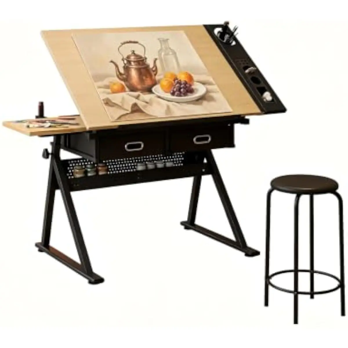 Adjustable-height drafting desk with 0°–75° tilt function, white oak engineered wood top, polished metal base, two 6.6-lb fabric