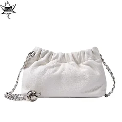 New White Ruched Design Cloudy Shoulder Bag Small Genuine Leather Women's Crossbody Bag High Quality Small Daily-use Purse