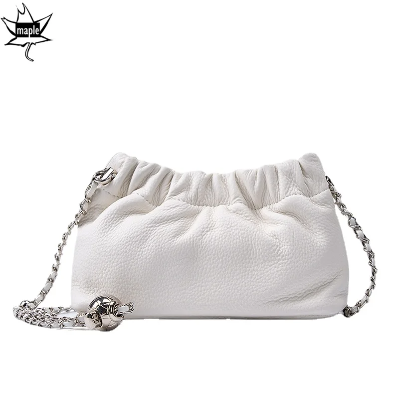 New White Ruched Design Cloudy Shoulder Bag Small Genuine Leather Women's Crossbody Bag High Quality Small Daily-use Purse