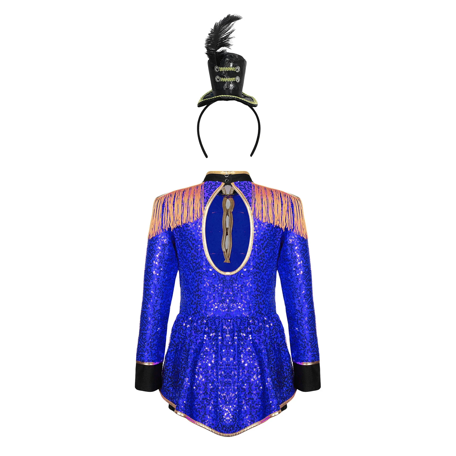 Kids Girls Long Sleeve Sequin Circus Ringmaster Bodysuit Dress with Top Hat Headband Halloween Carnival Party Cosplay Costume