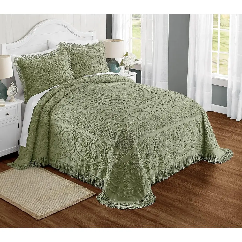 Emily loral Chenille Bedspread, Sot Cotton Comorter, Caliornia King Size Quilt in Sage - Luxury Hotel Bedding, Caliornia King Be