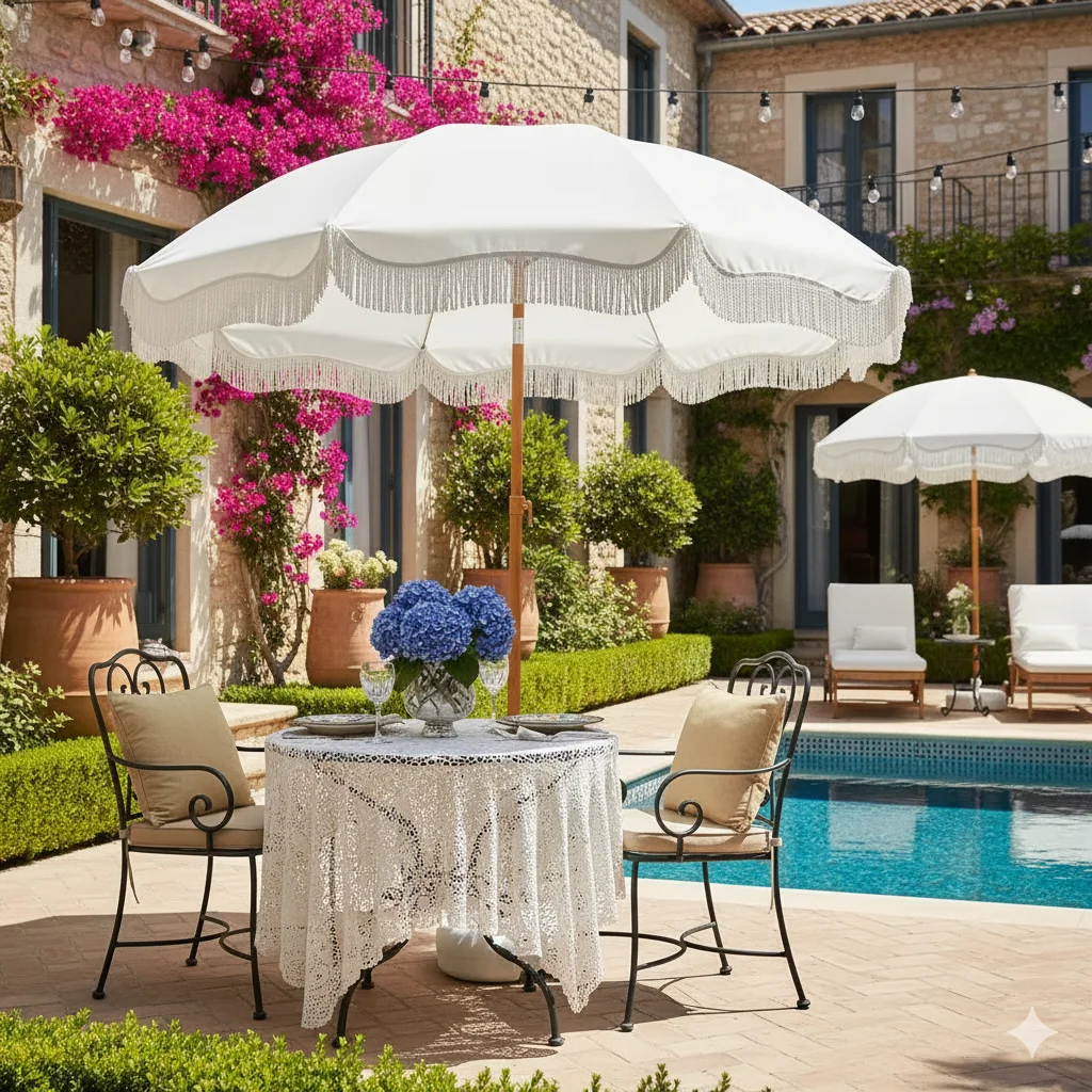 White Tassel Umbrella with Steering Function Portable Outdoor Courtyard Beach Holiday Use Sunshade Umbrella