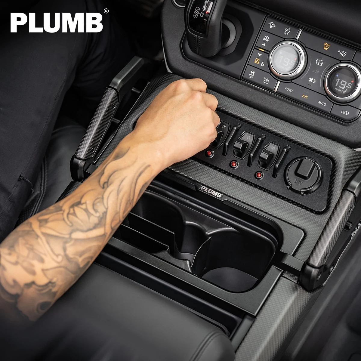 PLUMB Premium Dry Carbon Fiber Center Console System with Armrest & Custom Switch, For Land Rover Defender 90/110/130