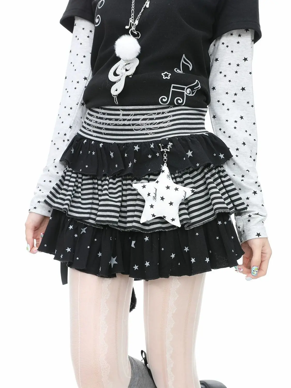 Y2K Mini Skirt Women Jirai Kei Cutecore Ruffle Layered Cake Harajuku Kawaii Star Print Stripe High Waist Streetwear Grey White