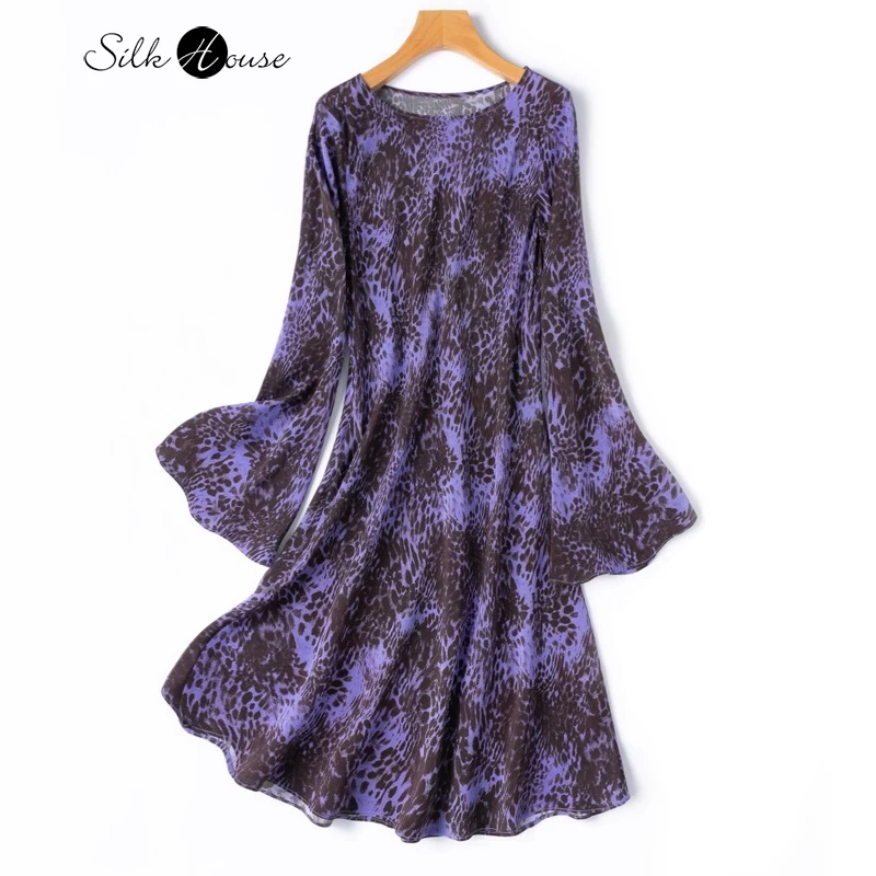 

Slant Cut Fashionable Purple Leopard Print Flared Sleeve French 100% Natural Mulberry Silk Crepe De Chine Retro Casual Dress