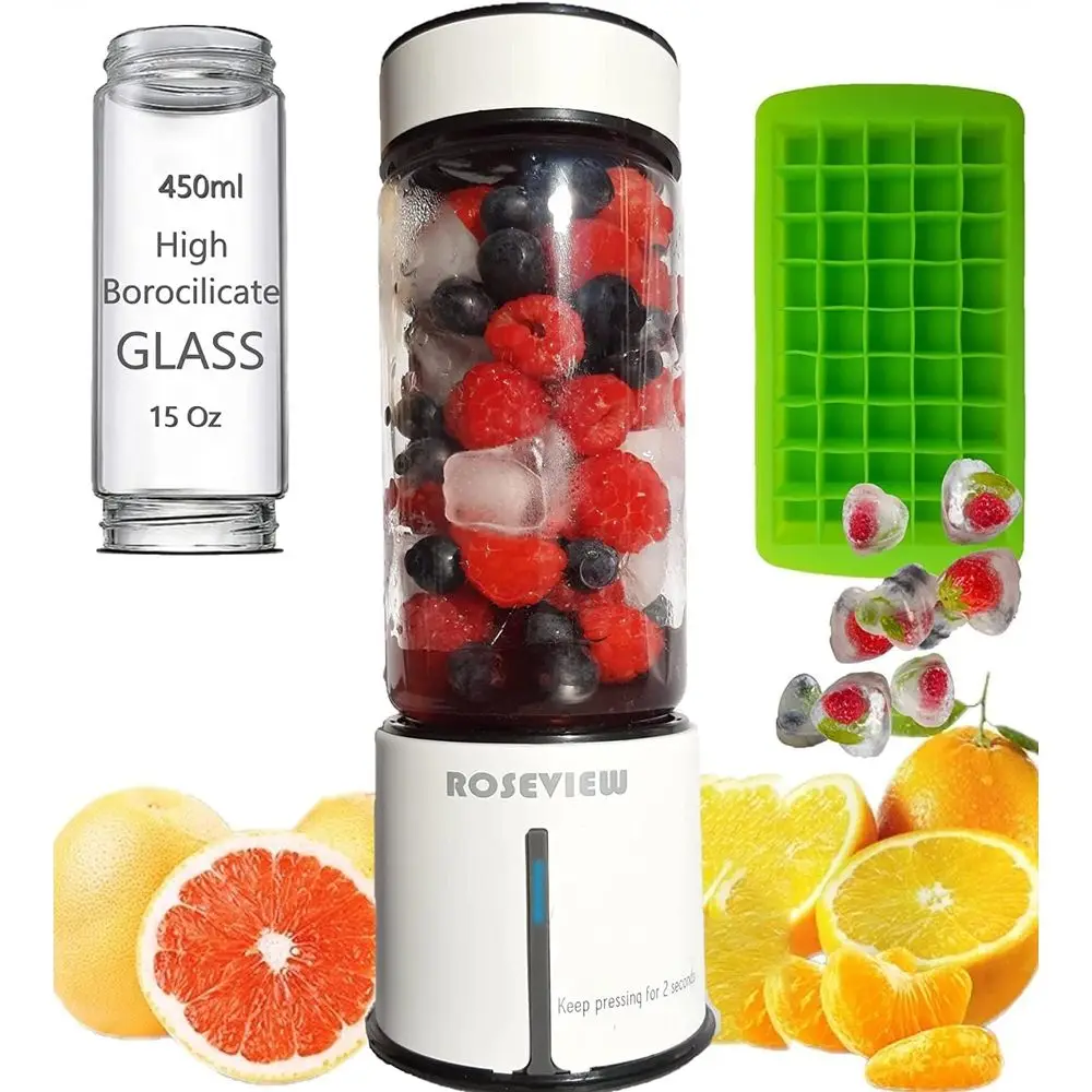 

USB Rechargeable Glass Smoothie Blender - Portable Handheld Ice Crusher for Personal Smoothies and Fruit Mixer