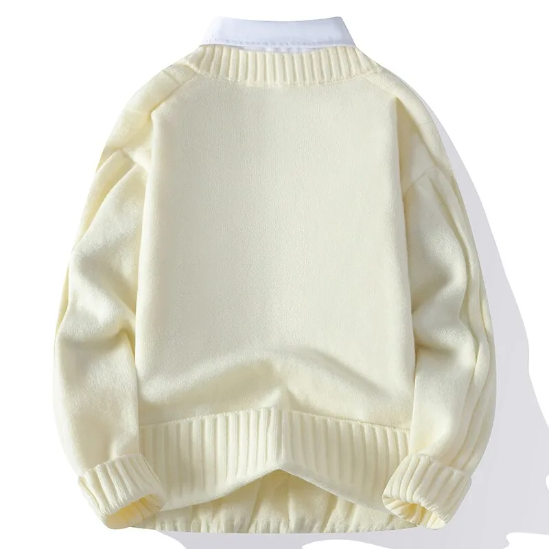 بلوفرات متماسكة مكونة من قطعتين سترة محبوكة غير رسمية للرجال موضة الخريف والشتاء نمط Preppy برقبة على شكل حرف v سترة تريكو متينة