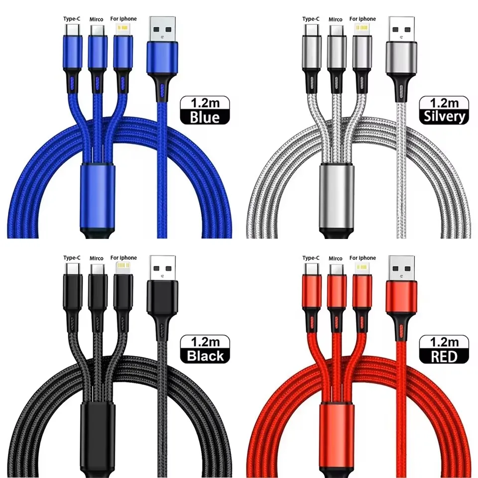 2Pcs 3-In-1 USB Cable Type C Micro Charger Cord Compatible With iPhone 14 13 12 11XS XR 7 8 Max iPad Pro Mini Air 1.2m