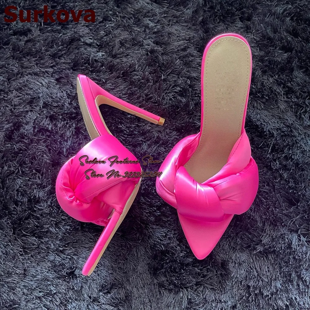 

Surkova Hot Pink Silk Cloth Glossy Big Butterfly-Knot Modern Slippers Thin Heel Pointed Toe Slip-On Sandals Bowtie Wedding Shoes