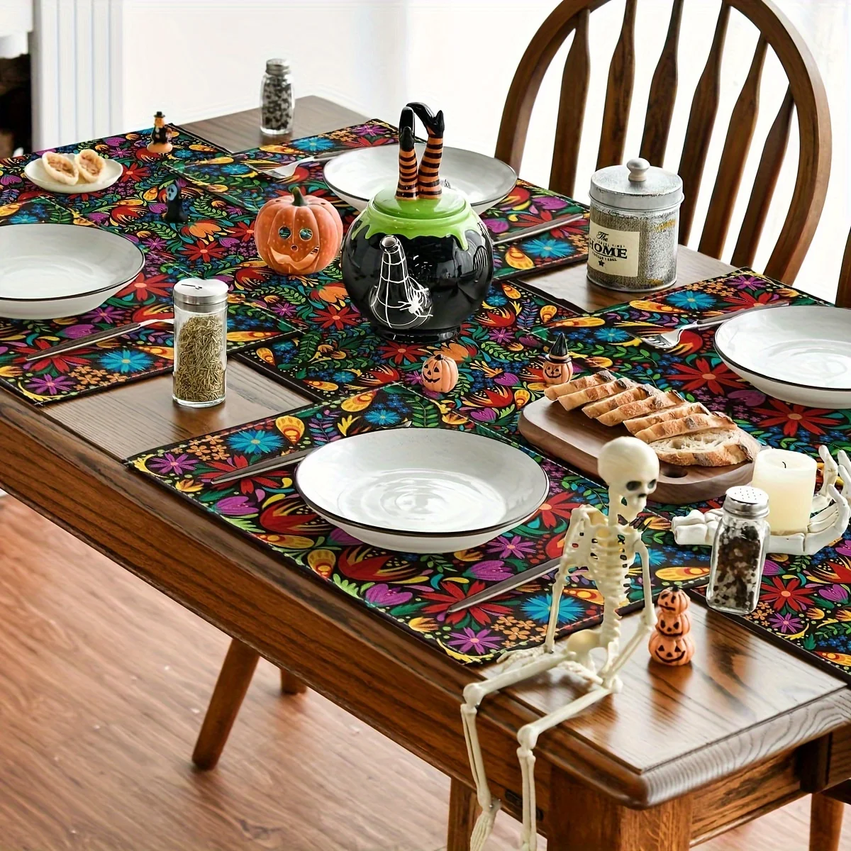 

VIKAMA 4/6/8/10PCS Placemats Rectangular Table Mats Floral Holiday Mexican Day of the Dead Decorations Kitchen Table Decorations