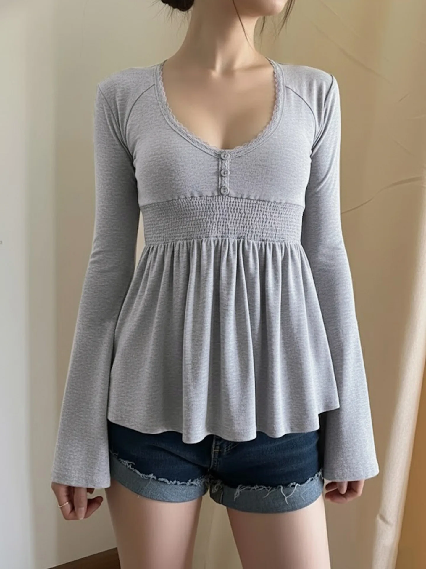 Korean style gentle atmosphere lace edging V-neck buckle elastic waistband flared sleeve lotus leaf doll shirt long sleeved top