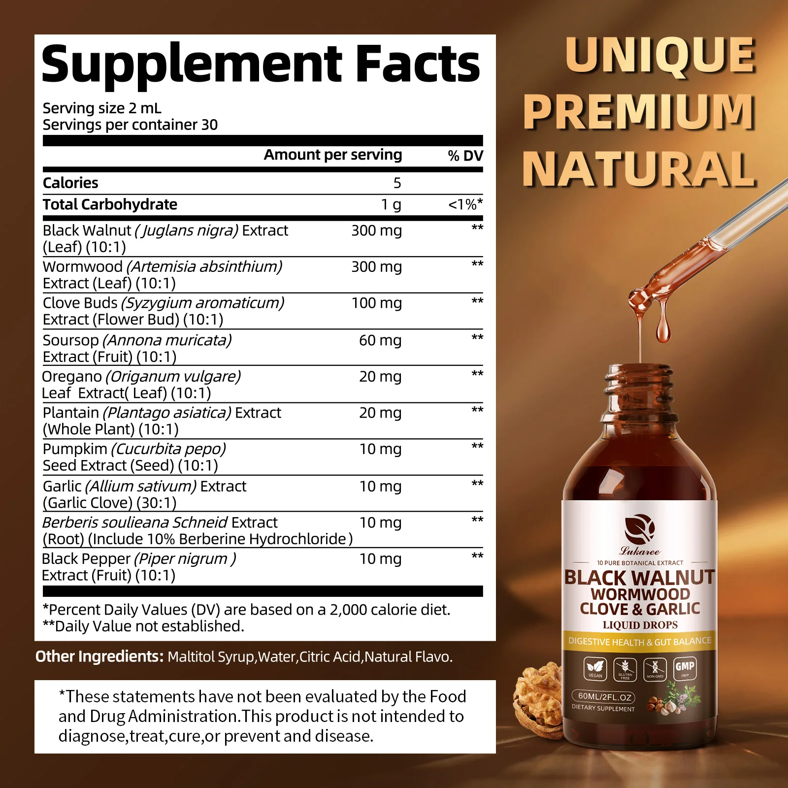 Lukaree 60ML Black Walnut  Drop with Wormwood Clove & Garlic Support Digestion and Immune Health, Detoxify the Body Antioxidant