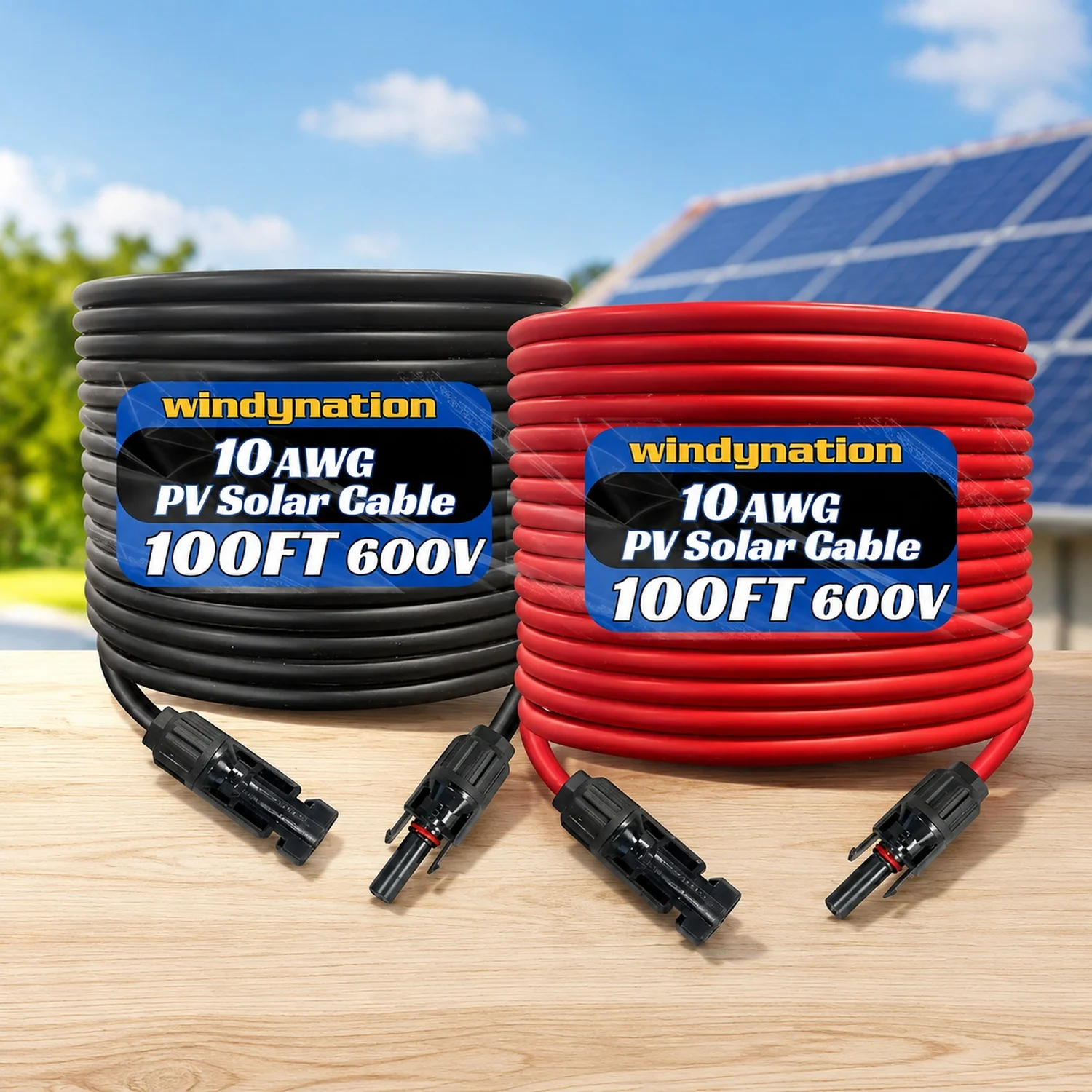 10 Gauge 10 AWG Pair 100 Feet Black +100 Feet Red PV Photovoltaic Solar Panel Extension Cable Wire Solar Connectors