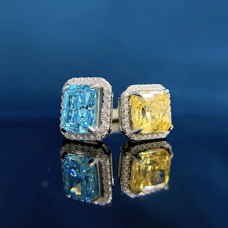 New 925 Silver European and American Open Ring 7 * 7 Yellow Diamond Sea Blue Treasure High Carbon Diamond Ring Versatile