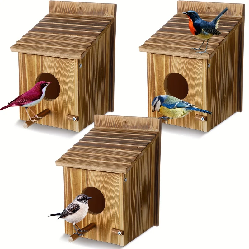 ‌3 Pack Wooden Bird Houses Outdoor - Hanging Pole Bluebird/Finch/Hummingbird Nest Box, Wood Birdhouse for Garden Perch