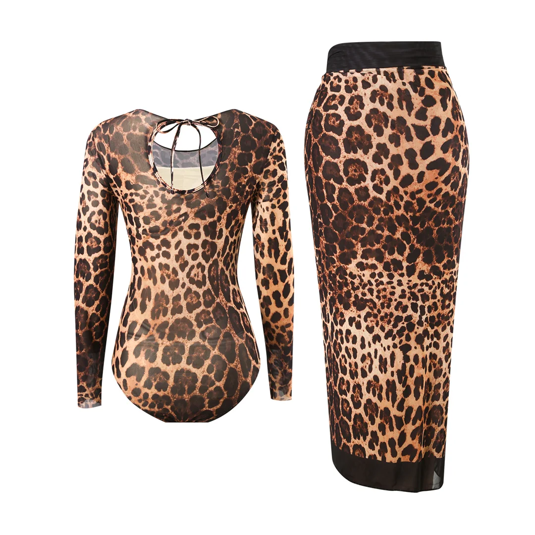 S - XXL 2026 Leopardenmuster mit Rock, Langarm-Einteiler-Badeanzug, Damen-Bademode, hoch geschnittene Beine, Badeanzug, Badebekleidung, Schwimmanzug V7352 – Detail 3