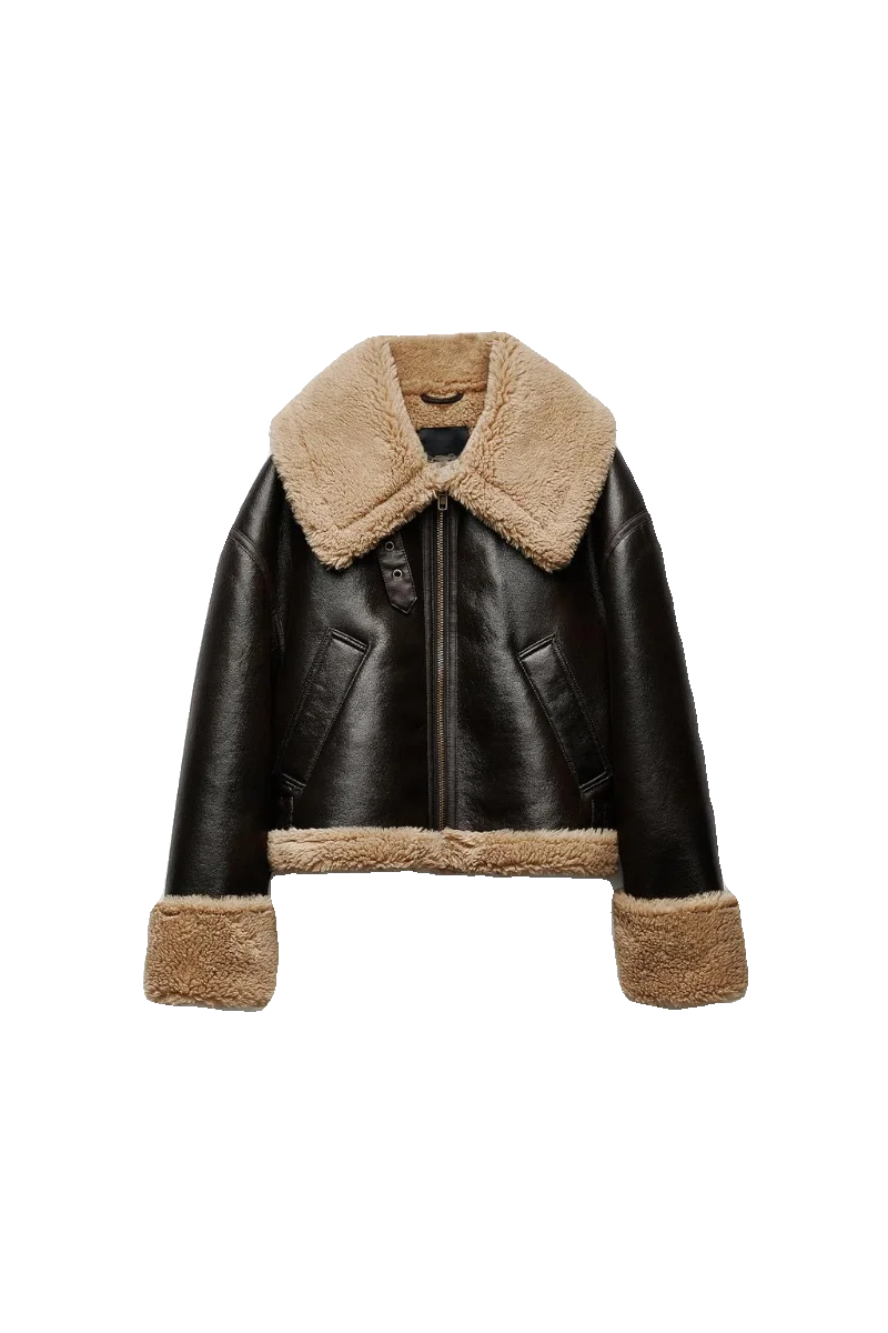 Chaqueta de Piel de O de Doble Cara Estilo Motocicta, Abrigo de Piel de Cordero, Cuero y Piel Inteados, Ropa de Abri...