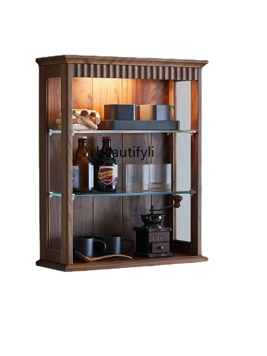 

Solid Wood Cup Holder Shelf Black Walnut Glass Hand-Made Wall Cupboard Retro Wall Mount Wall Closet furniture