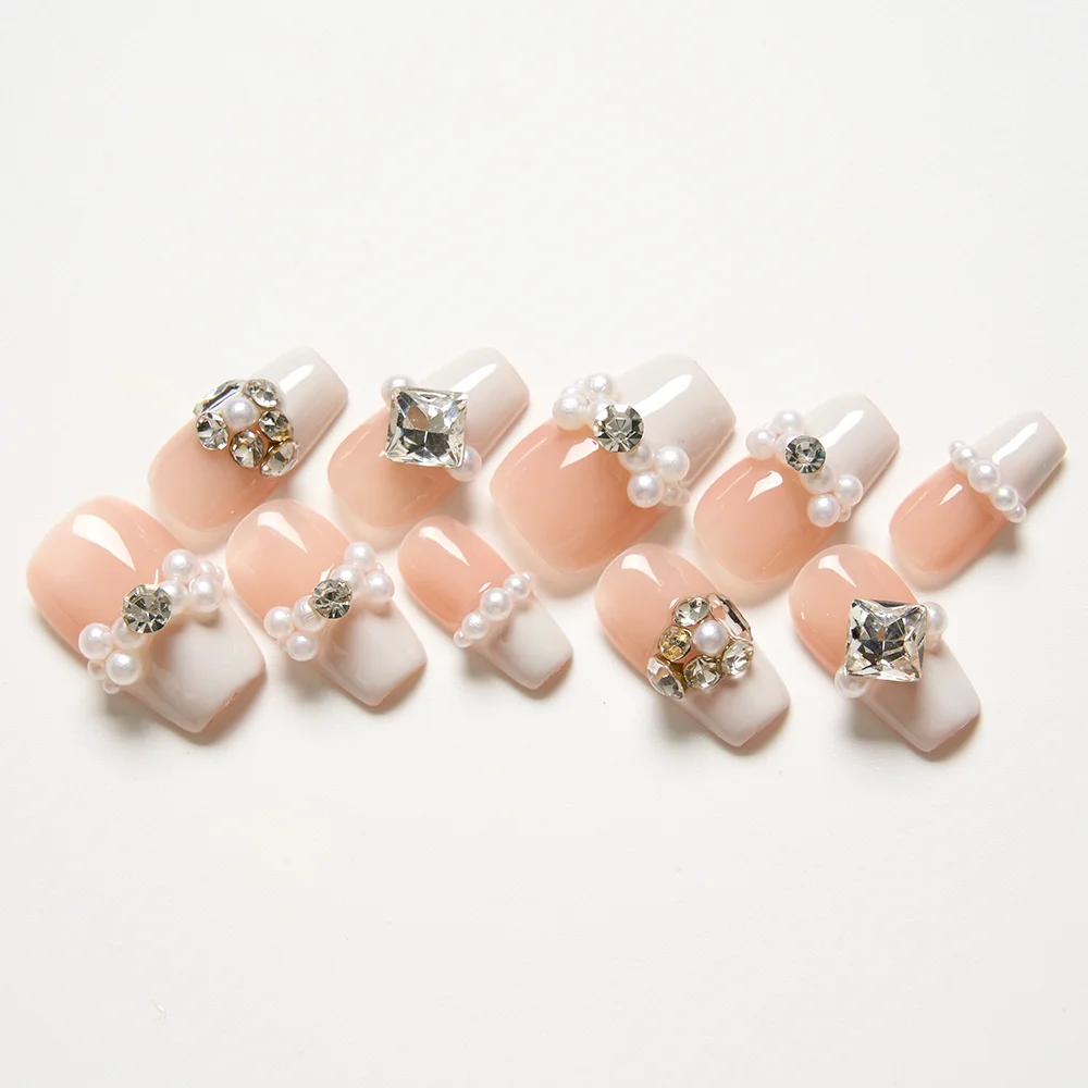 10枚入り ハンドメイド つけ爪 パール フレンチ キャッツアイ ダイヤモンド フラッシュ ネイルチップ 女性＆女の子向け 取り外し可能 ウェアラブル ネイルアート