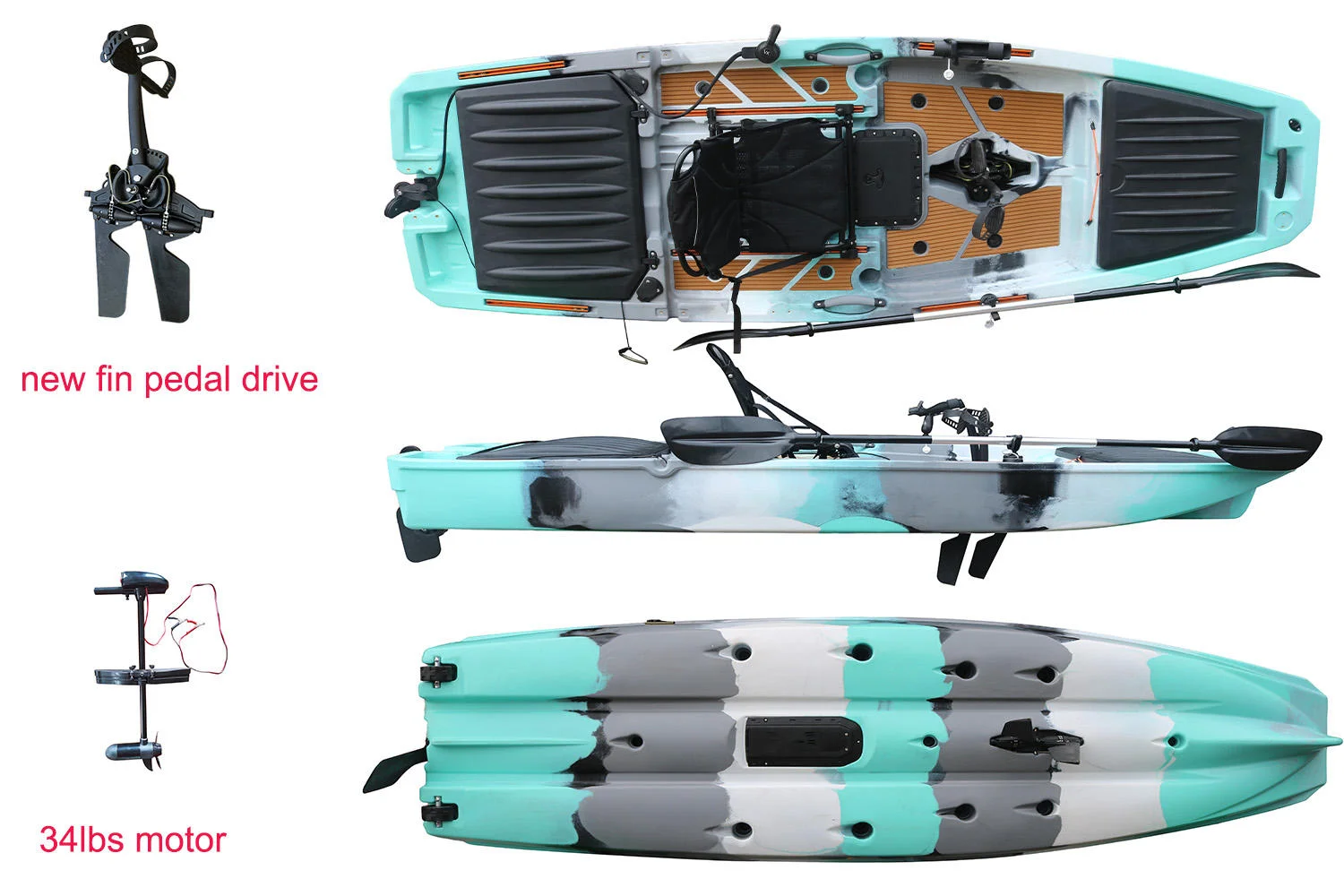 A New Fin Pedal Drive Electric Motorized Fishing Kayak 10.5FT Propeller One Person Ocean Use New Rudder System for Sea Kayak