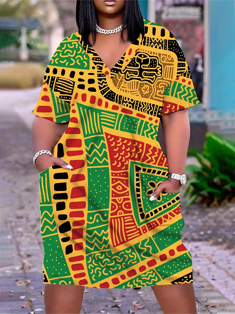 Plus Size African Printed V Neck Short Sleeve Casual Dress Oversized T Shirt Dresses Short Sleeve Best for Summer