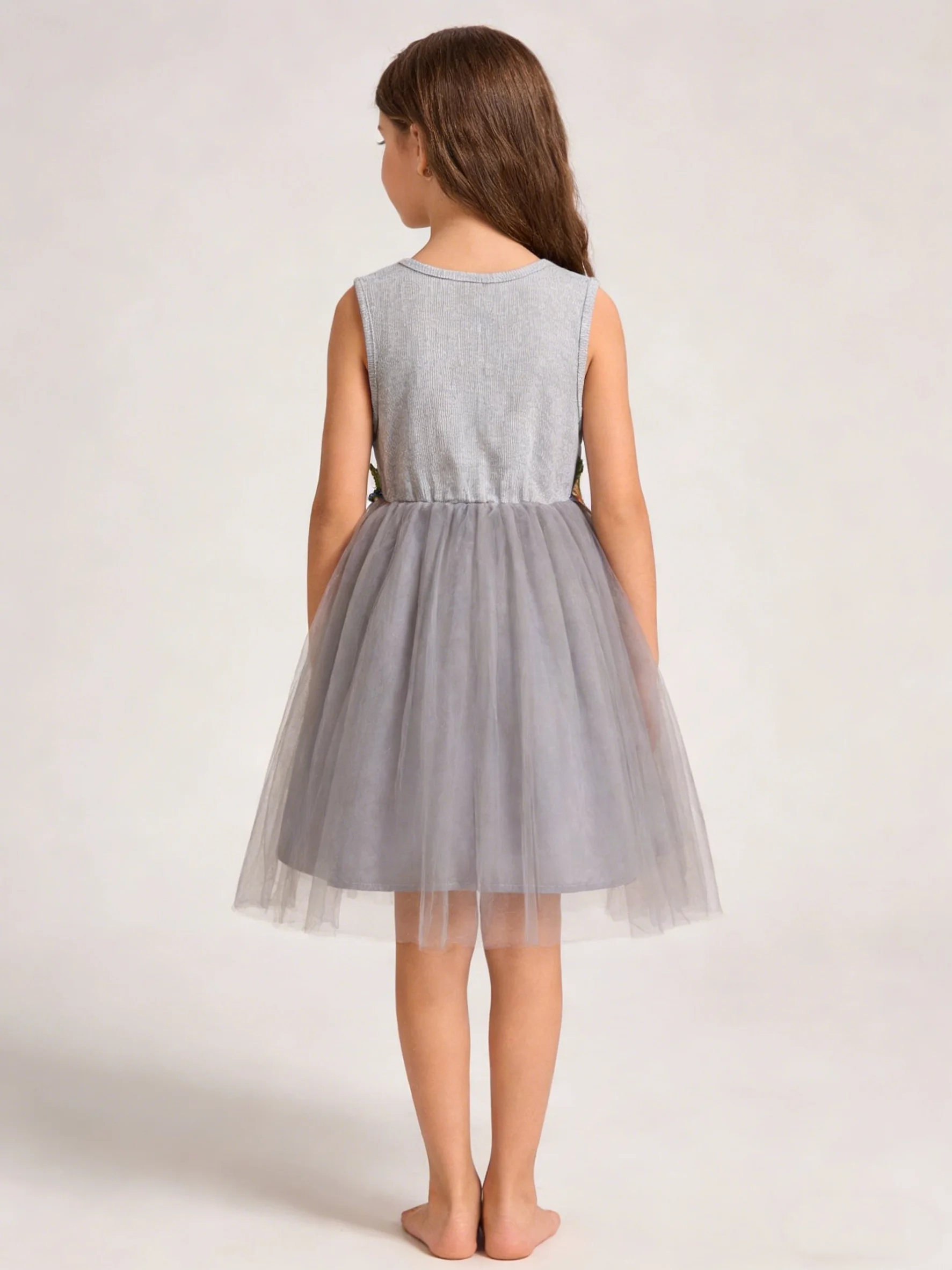 Summer Girls' Round Neck Sleeveless Solid Color Waist Patch Multi-Layer Mesh Princess Dress Fashionable And Cute Dress