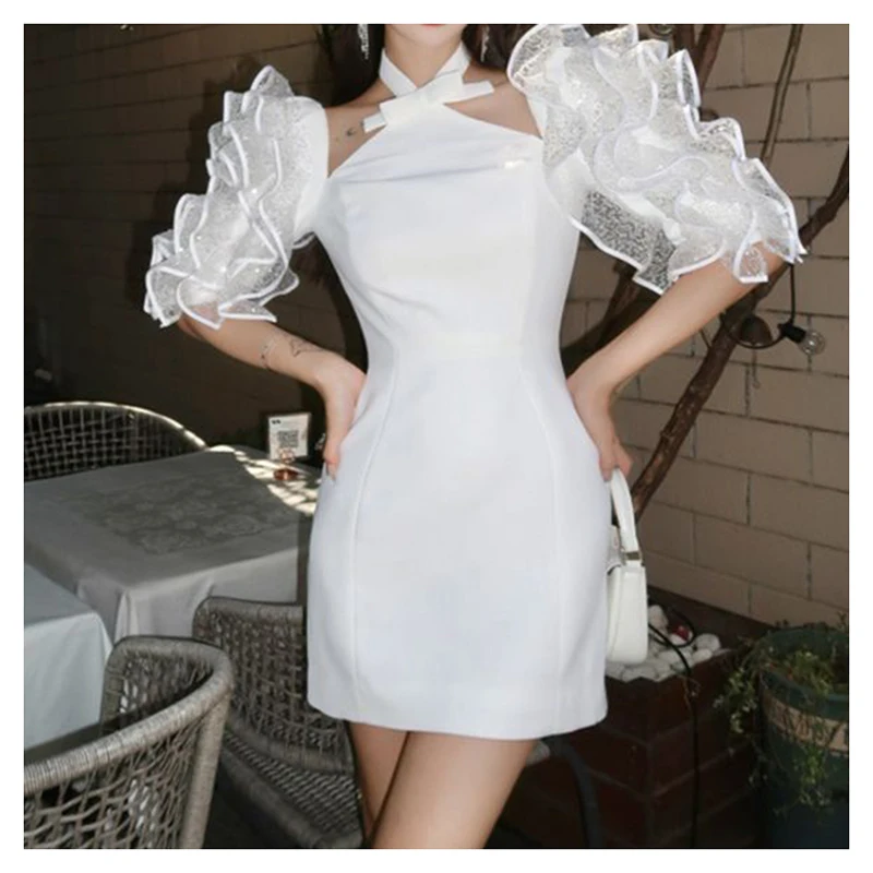 

French dress with high-end niche design, long waisted puff sleeve dress, summer new style for women