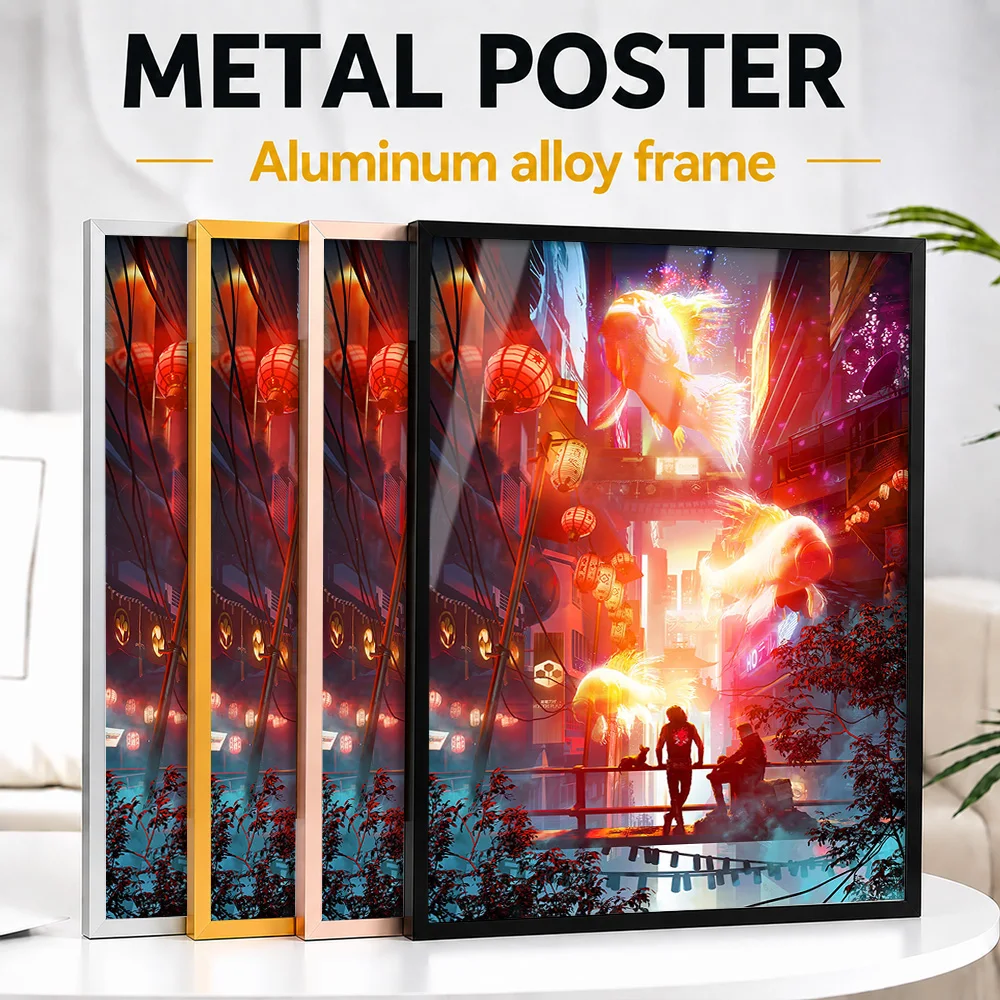 Festive At Night City Framed Metal Print Customized Photo Mystical Fantasy Style Wall Art For Living Room Memorable Gamer Gift