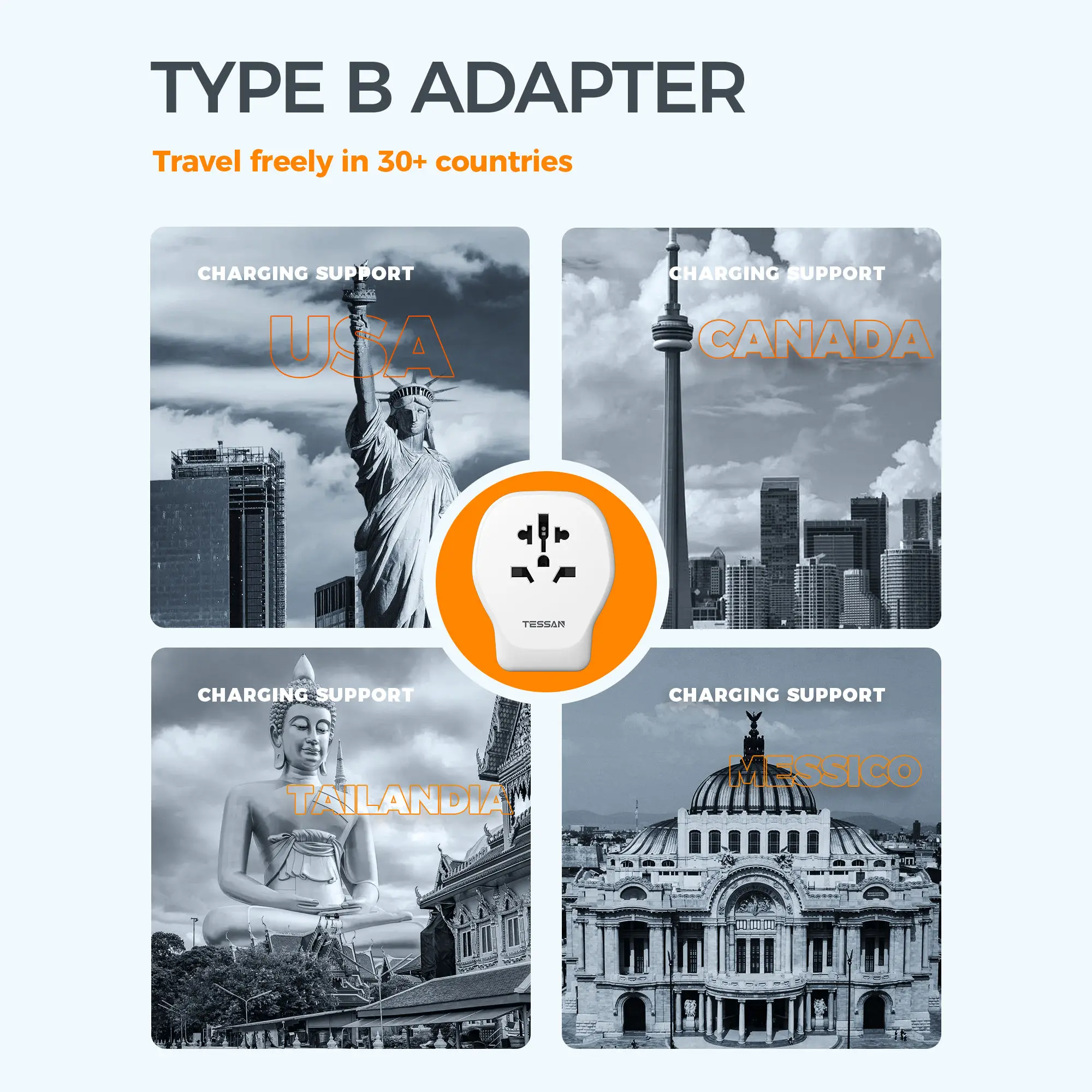 محول السفر الأمريكي من تيسان مع محول قابس حائط USB عالمي AC 3 لمقبس كهربائي من النوع C G B I A L لغرفة فندق السفر