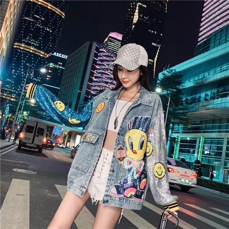 

Thailand Tide Brand 2022 Spring and Autumn New Korean Version Loose Denim Jacket Female Cartoon Sequins Splicing Embroidery Cros