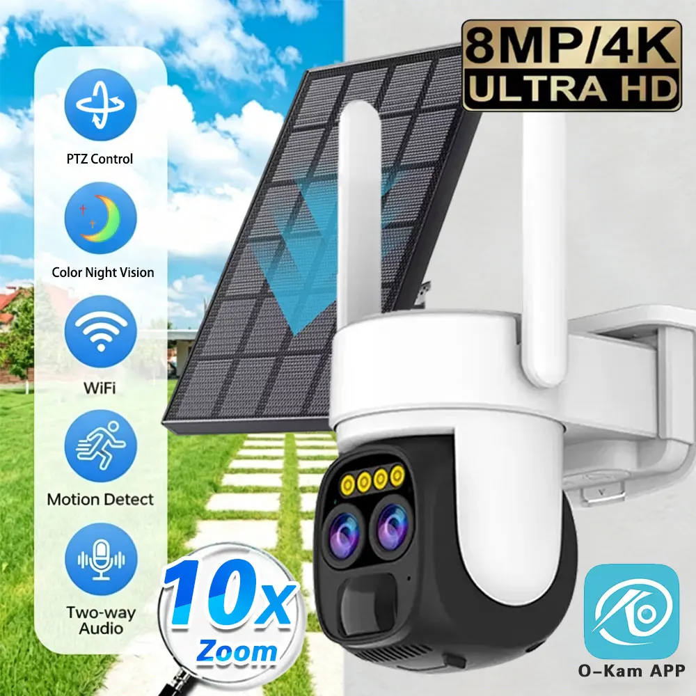 

8MP Solar Waterproof Camera with Human Detection 10X Zoom Dual Lens Outdoor PTZ IP Security Camera Privacy Protection