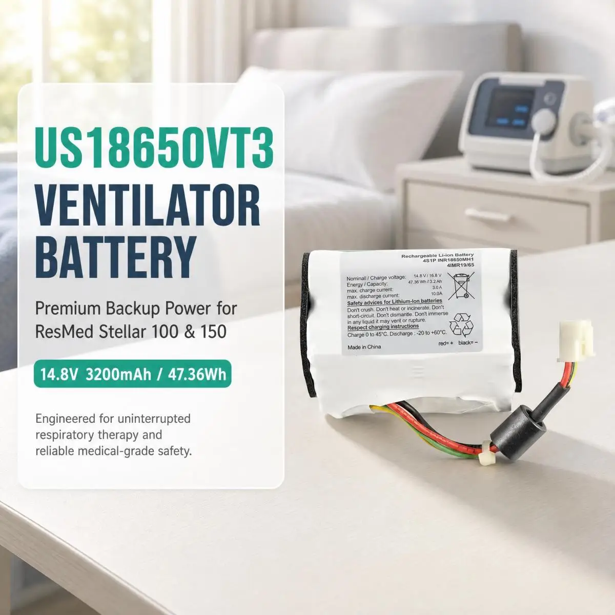 US18650VT3 Spare Li-ion Battery Pack 14.8V 3200mAh 47.36Wh Compatible with ResMed Stellar 100 Stellar 150 Medical Ventilator