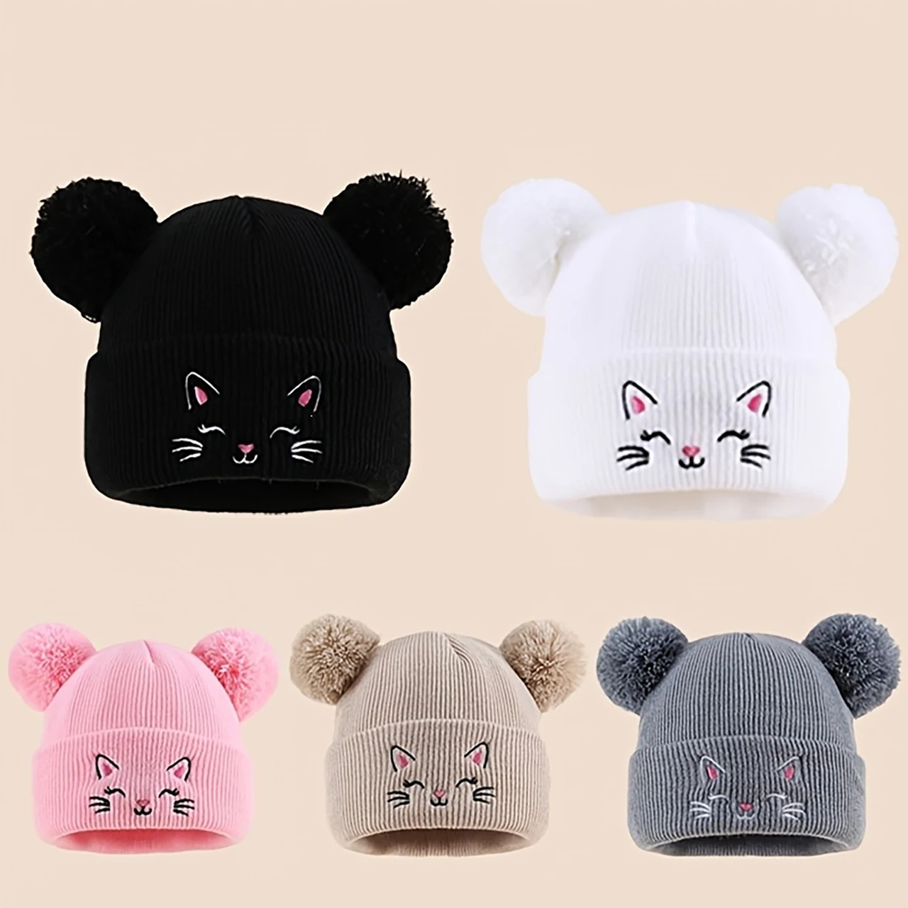 Children Double Pompom Beanie Winter Warm Toddler Woolen Crochet Bonnet Plush Ball Kids Knit Hat Cute Cat Baby Pullover Cap 1-4Y