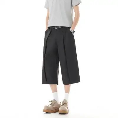 Summer Men's American Retro Baggy Wide Leg Shorts Casual Loose Short Pants Streetwear Fashion Capri Pants Asian Size