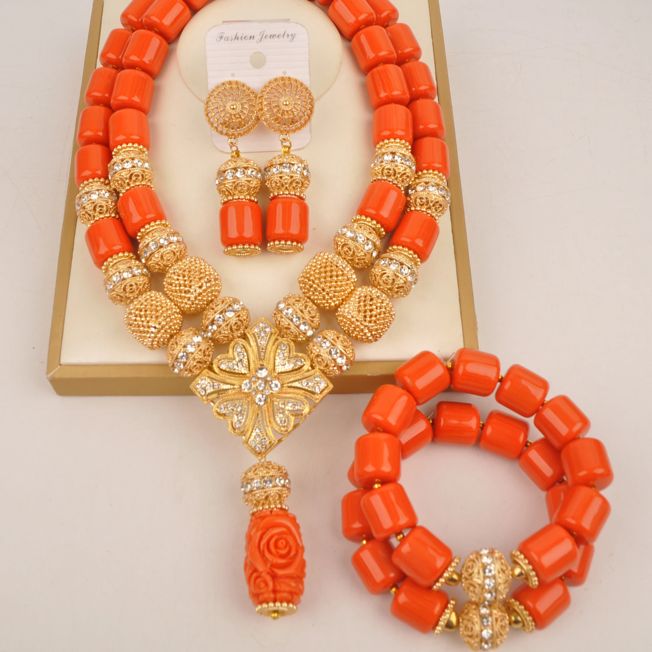 

Orange Artificial Coral Bead African Jewelry Set