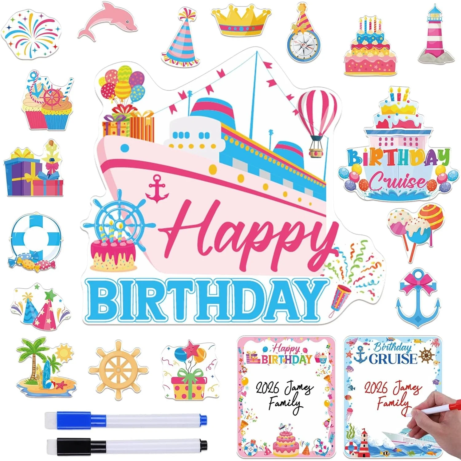 Birthday Cruise Door Decorations Magnetic - 20PCS Happy Birthday Cruise Ship Door Decorations with 3Pcs Pens Sea Navigation Crui