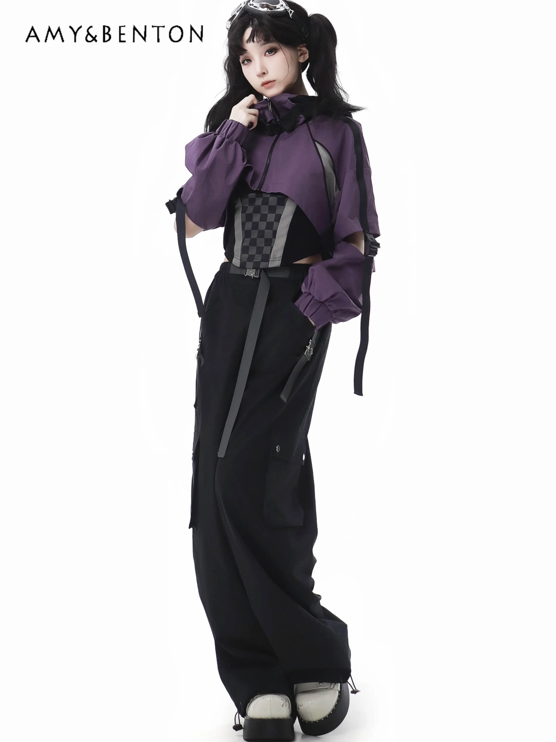 Sweet Cool Hot Girl Purple and Black Plaid Splicing Jacket Casual Pants Two-piece Set Autumn Winter New Subculture Y2K Outfits