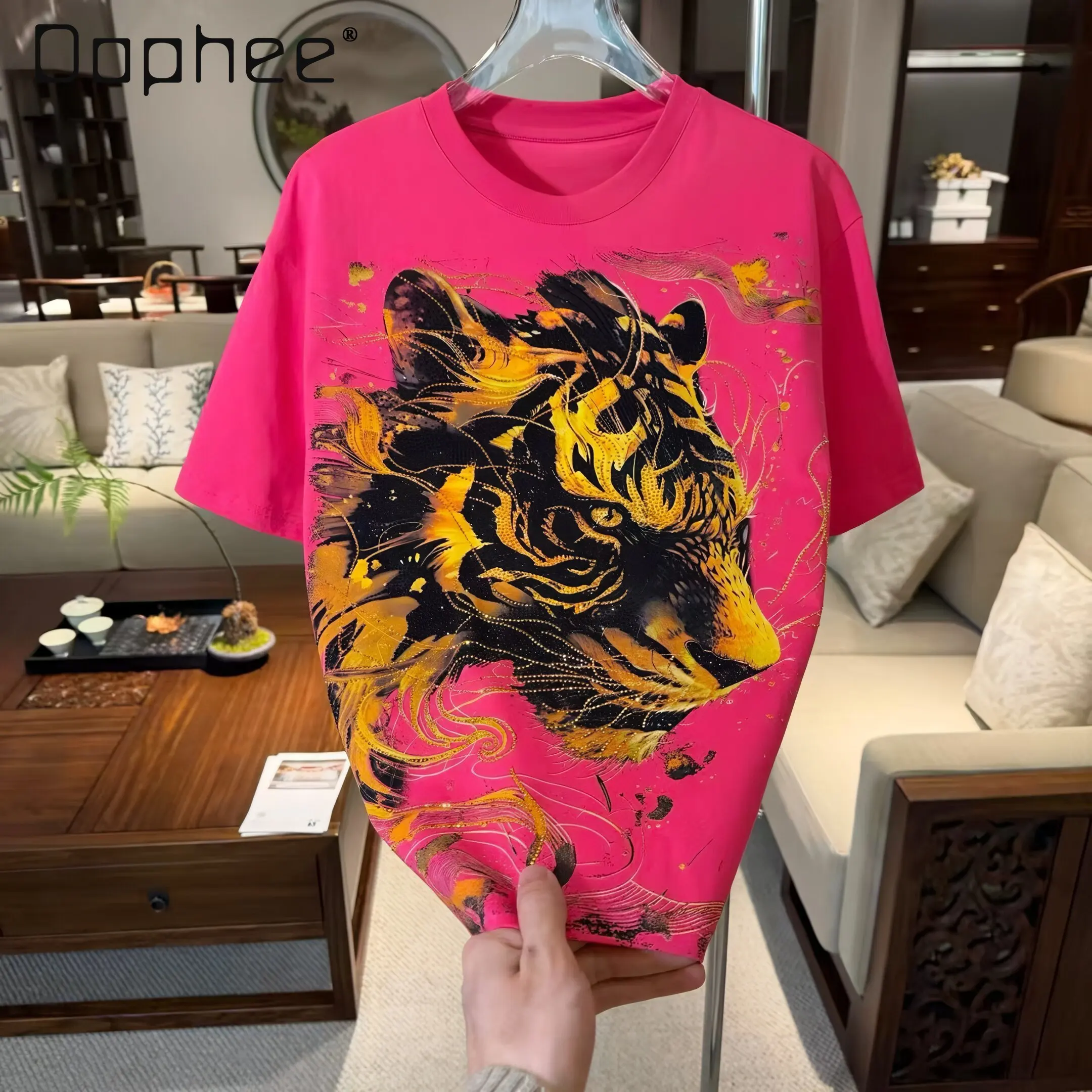 2026 Summer American New Men's Tiger Rhinestone Print Loose Casual Black Red White Pink Round Neck Short Sleeve T-shirt