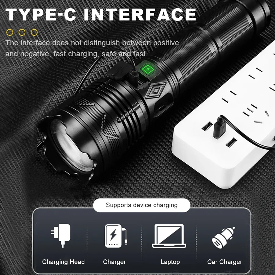 100000LM LED Flashlight High-power USB C Rechargeable Tactical Torch Telescopic Zoom Flashlight Outdoor Camping Fishing Lantern