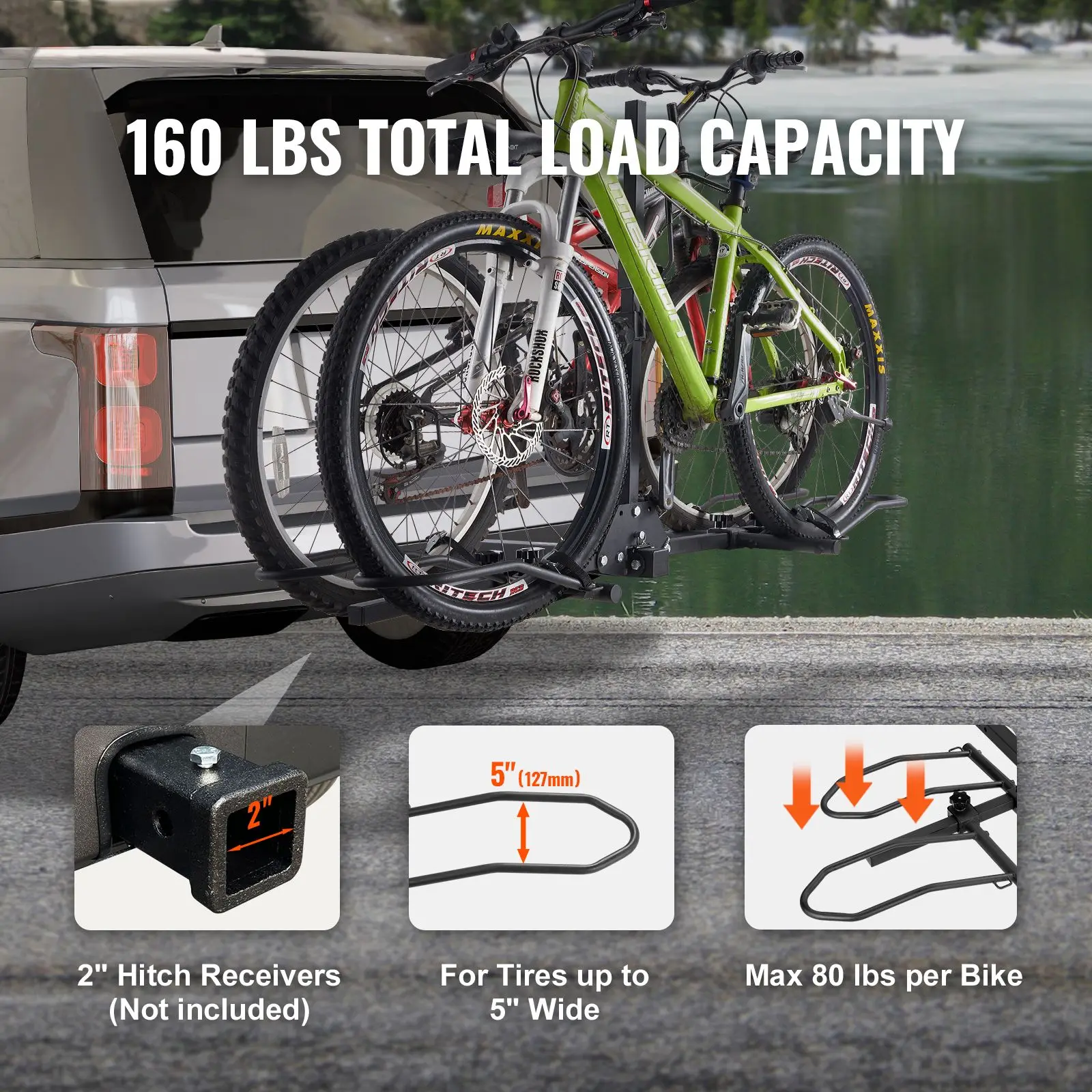 Hitch Mount Bike Rack, 2- Platform Style, 160 LBS Max Capacity for 2-inch Receiver, Titling and Folding Carrier with Tires up to