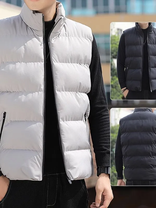

Men's Thiened Casual down Vest Autumn Winter Warm Stand Collar Cotton Jaet Youth Faion Sle Pure Color Zipper Closure