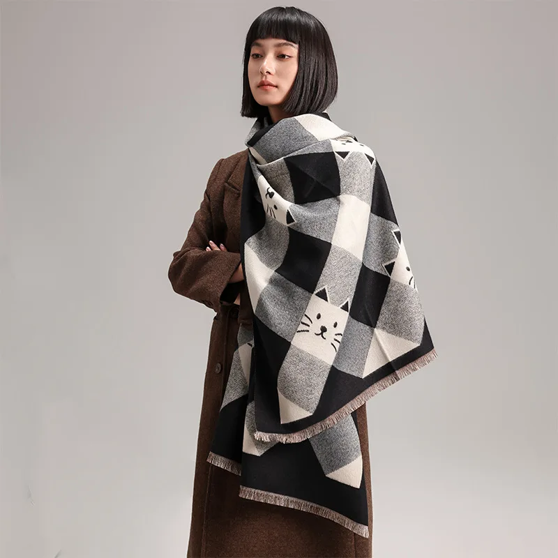 

Новые роскошные зимние двухсторонние кашемировые шарфы с рисунком кота, женские утолщенные шаль высокого качества, женский шарф из пашмины