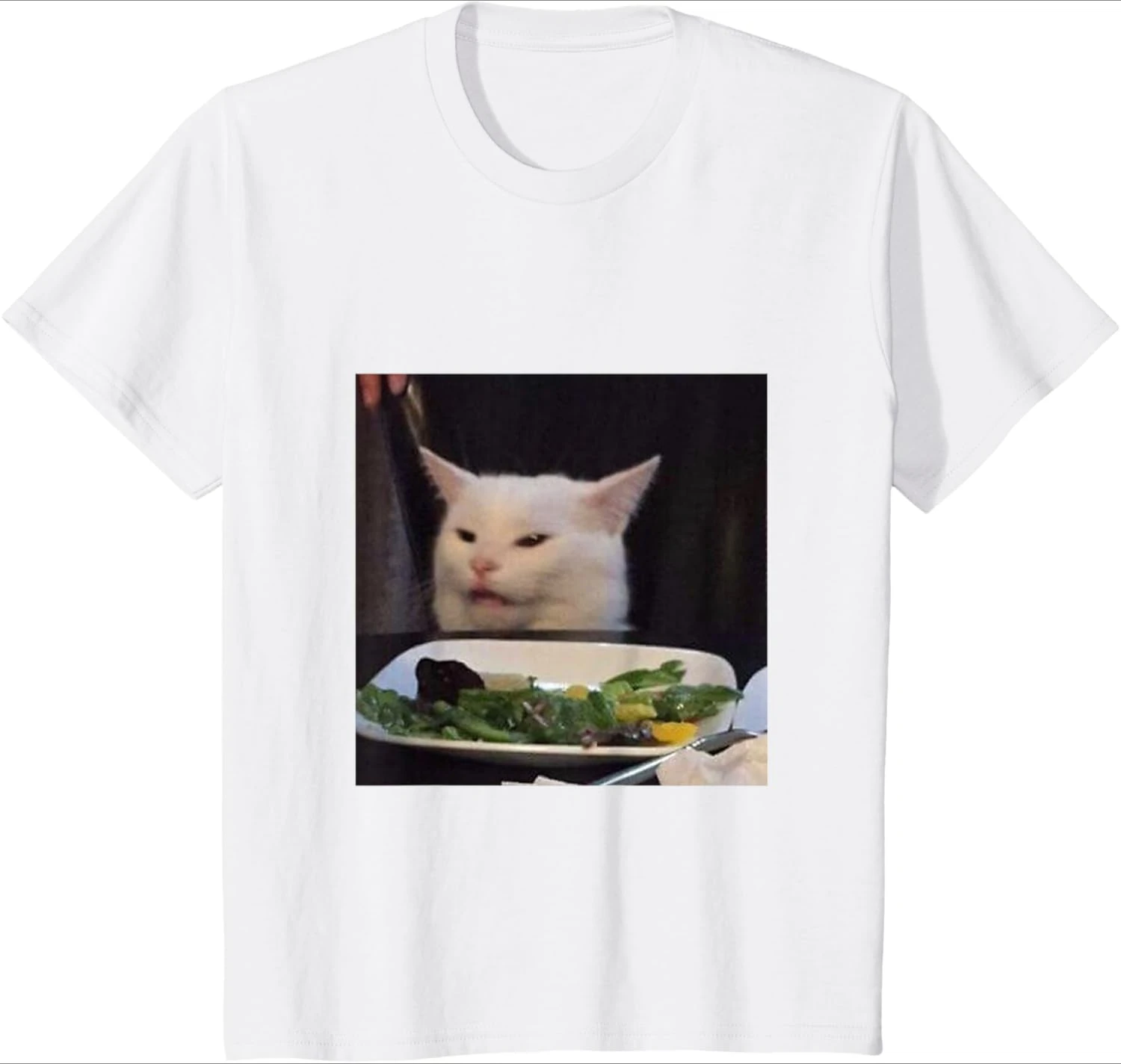 T-shirt décontracté pour femme à col rond et manches courtes, avec motif photo de chat drôle en pose sérieuse (meme) et motif salade de chat, polyvalent pour le quotidien